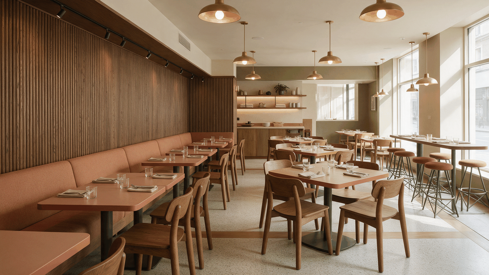 Restaurant dining room with a mix of banquette seating, two- and four-seater tables and a communal high table